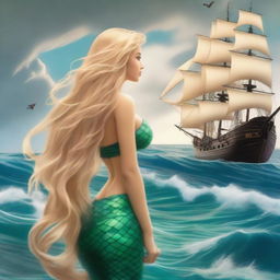 A mermaid with long blonde hair gazing at a pirate ship