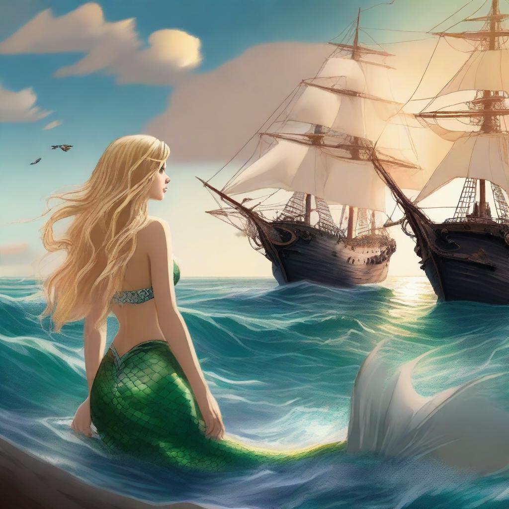 A mermaid with long blonde hair gazing at a pirate ship