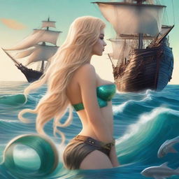 A mermaid with long blonde hair gazing at a pirate ship