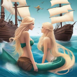 A mermaid with long blonde hair gazing at a pirate ship