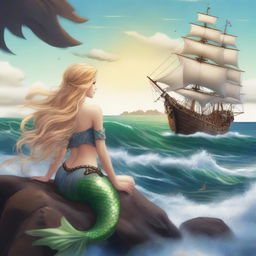 A mermaid with long blonde hair sitting on a rock, gazing at a pirate ship in the distance