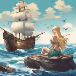 A mermaid with long blonde hair sitting on a rock, gazing at a pirate ship in the distance