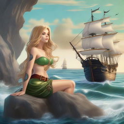 A mermaid with long blonde hair sitting on a rock, gazing at a pirate ship in the distance