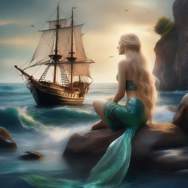 A beautiful mermaid with a stunning tail sits on a rock with long blonde hair, gazing at a pirate ship in the distance