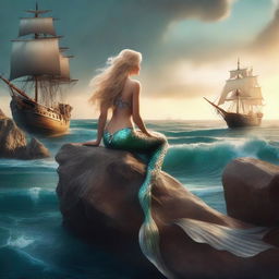 A beautiful mermaid with a stunning tail sits on a rock with long blonde hair, gazing at a pirate ship in the distance