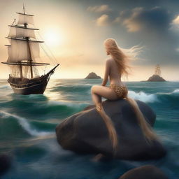 A beautiful mermaid with a stunning tail sits on a rock with long blonde hair, gazing at a pirate ship in the distance