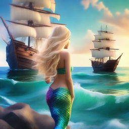 A beautiful mermaid with long blonde hair and a stunning tail gazing at a pirate ship