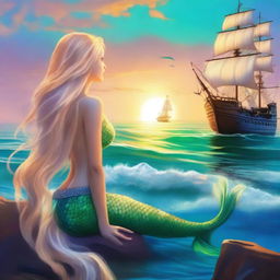 A beautiful mermaid with long blonde hair and a stunning tail gazing at a pirate ship