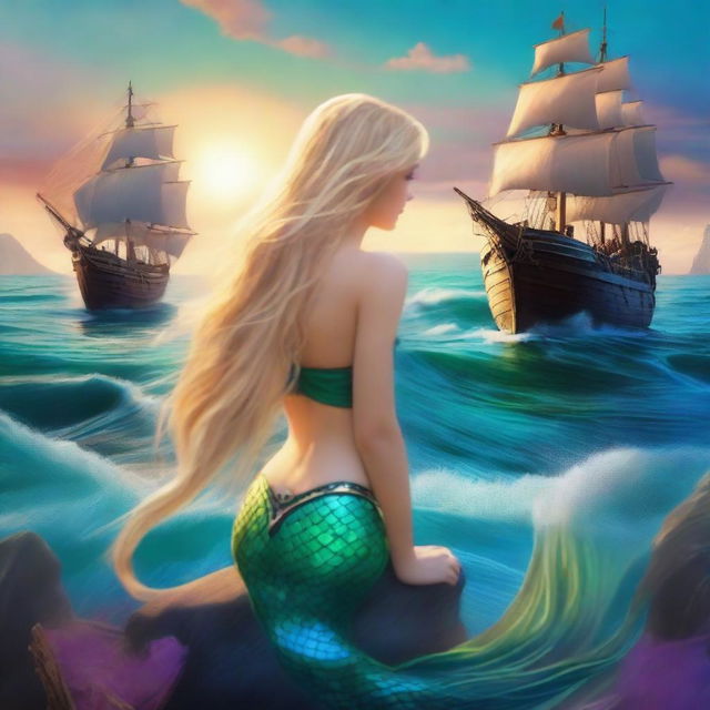 A beautiful mermaid with long blonde hair and a stunning tail gazing at a pirate ship