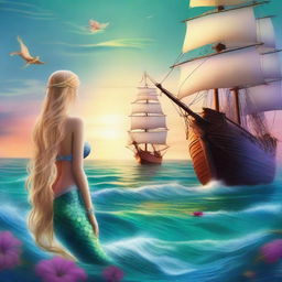 A beautiful mermaid with long blonde hair and a stunning tail gazing at a pirate ship