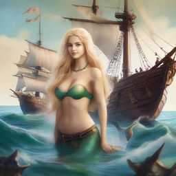 A mermaid with long blonde hair gazing at a pirate ship