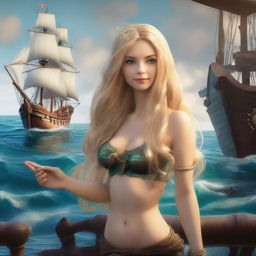 A mermaid with long blonde hair gazing at a pirate ship