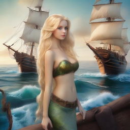 A mermaid with long blonde hair gazing at a pirate ship