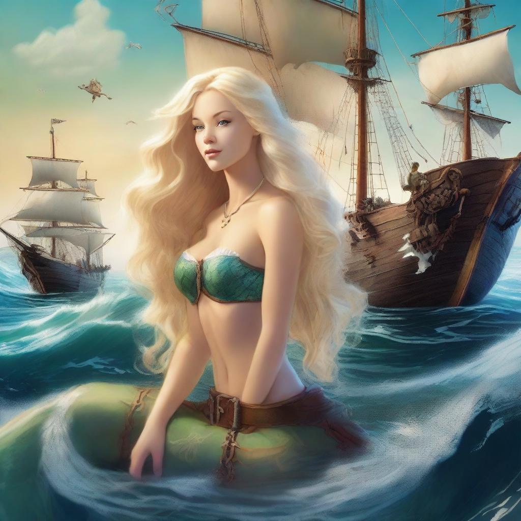 A mermaid with long blonde hair gazing at a pirate ship