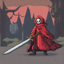 A pixel art depiction of a character wearing a red robe and wielding a long sword