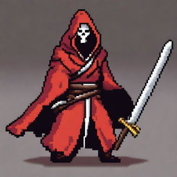 A pixel art depiction of a character wearing a red robe and wielding a long sword