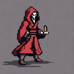 A pixel art depiction of a character wearing a red robe and wielding a long sword