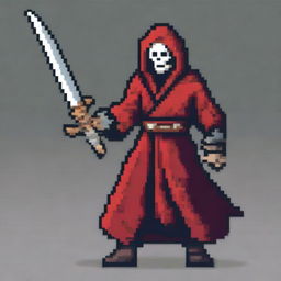 A pixel art depiction of a character wearing a red robe and wielding a long sword