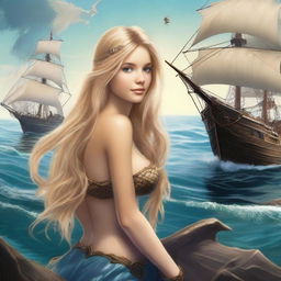 A mermaid with long blonde hair leaning against a rock, gazing at a pirate ship