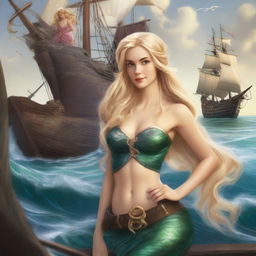 A mermaid with long blonde hair leaning against a rock, gazing at a pirate ship