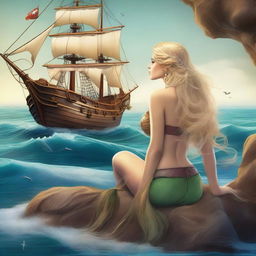 A mermaid with long blonde hair leaning against a rock, gazing at a pirate ship