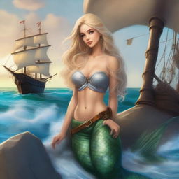 A mermaid with long blonde hair leaning against a rock, gazing at a pirate ship