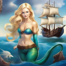 A blonde mermaid with a charming blue tail gazing at a pirate ship in an ocean setting