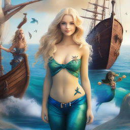 A blonde mermaid with a charming blue tail gazing at a pirate ship in an ocean setting