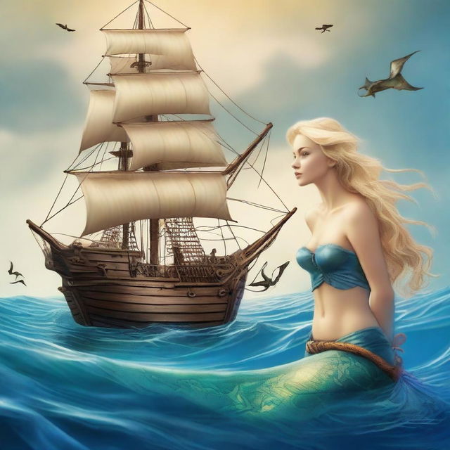 A blonde mermaid with a charming blue tail gazing at a pirate ship in an ocean setting