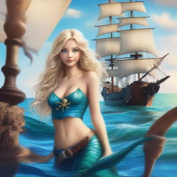 A blonde mermaid with a charming blue tail gazing at a pirate ship in an ocean setting