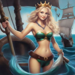 A blonde mermaid with a crown on her head, holding a trident in one hand, and wearing a shell necklace around her neck