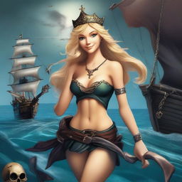 A blonde mermaid with a crown on her head, holding a trident in one hand, and wearing a shell necklace around her neck