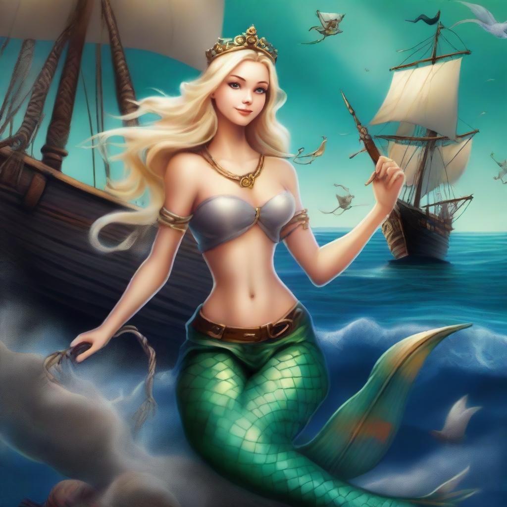 A blonde mermaid with a crown on her head, holding a trident in one hand, and wearing a shell necklace around her neck