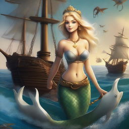 A blonde mermaid with a crown on her head, holding a trident in one hand, and wearing a shell necklace around her neck