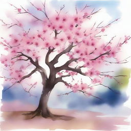 A beautiful watercolor painting of a cherry blossom tree in full bloom