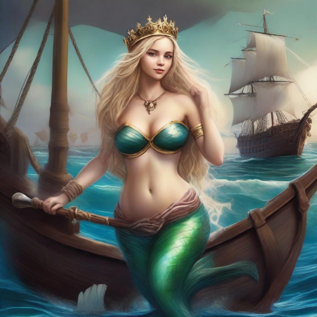 A mermaid with long blonde hair and a crown on her head, featuring an enormous mermaid tail