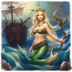 A mermaid with long blonde hair and a crown on her head, featuring an enormous mermaid tail