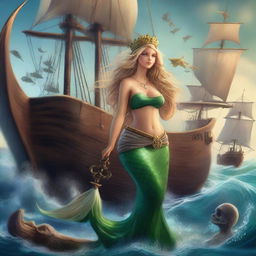 A mermaid with long blonde hair and a crown on her head, featuring an enormous mermaid tail