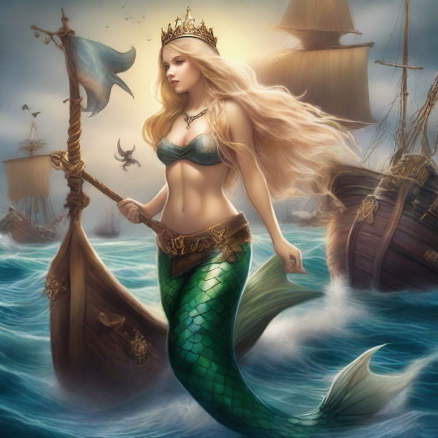 A mermaid with long blonde hair and a crown on her head, featuring an enormous mermaid tail