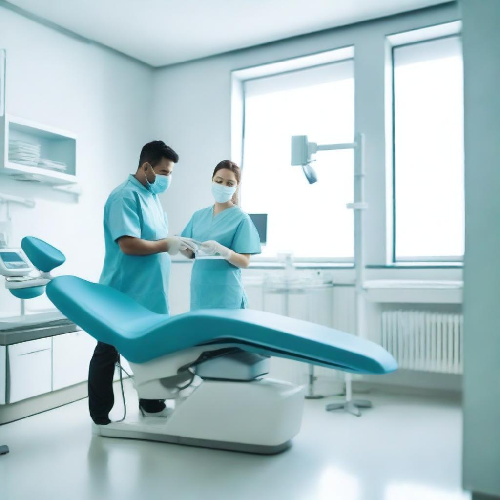 A detailed image of a modern dental clinic with a dentist and patient in the chair