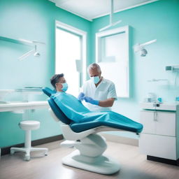 A detailed image of a modern dental clinic with a dentist and patient in the chair