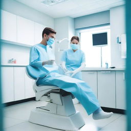 A detailed image of a modern dental clinic with a dentist and patient in the chair