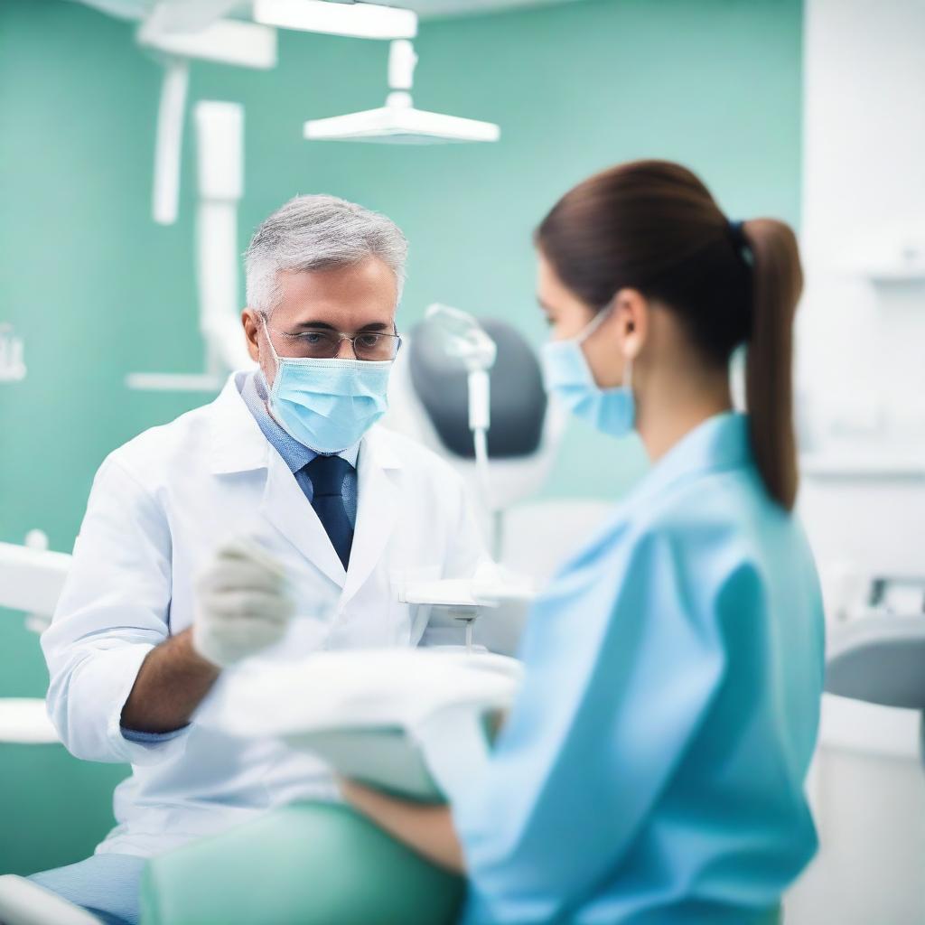 A detailed image of a modern dental clinic with a dentist and patient in the chair