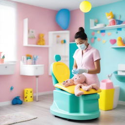 A bright and cheerful pediatric dental clinic with colorful decorations and toys