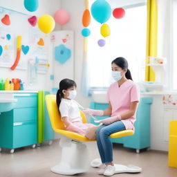 A bright and cheerful pediatric dental clinic with colorful decorations and toys