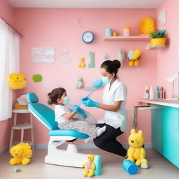 A bright and cheerful pediatric dental clinic with colorful decorations and toys