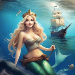 A blonde mermaid swimming in the depths of the ocean, wearing a crown on her head