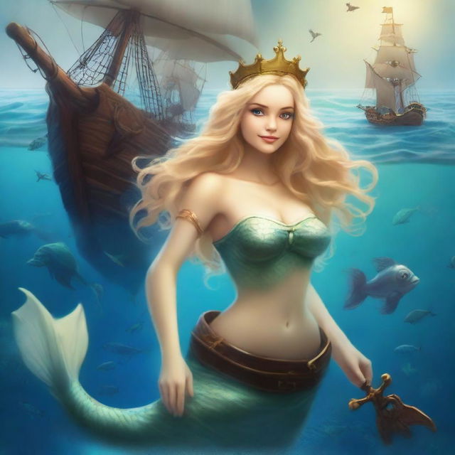 A blonde mermaid swimming in the depths of the ocean, wearing a crown on her head