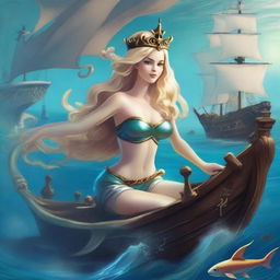 A blonde mermaid swimming in the depths of the ocean, wearing a crown on her head