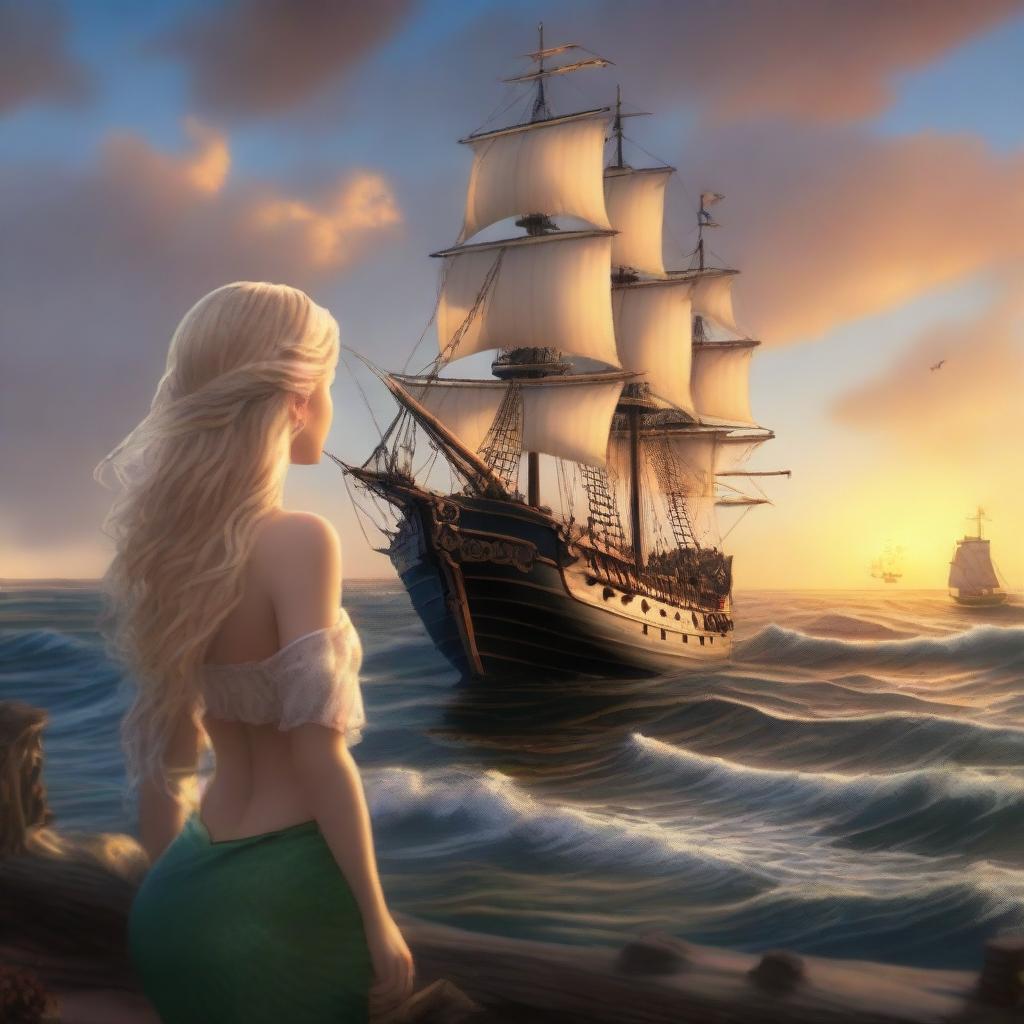 A blonde mermaid seen from behind, gazing at a pirate ship in the distance